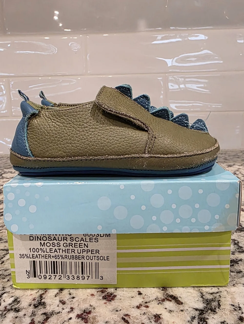 Kickee Pants Dino Scales Moss Green Leather Slip On Shoes Size 6 (18-24m) EUC